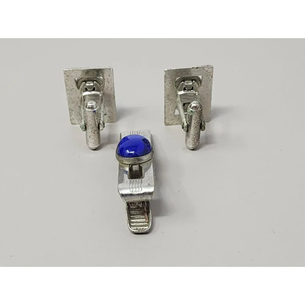 Vintage Tie Clip & Cufflinks Signed ANSON Cobalt Blue Lucite‎ & Silver
